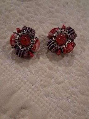 Red Floral Bead Cluster Clip-On Earrings - Unbranded